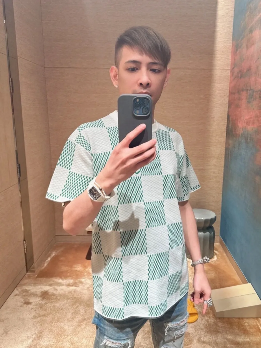 Louis Vuitton/Louis Vuitton checkerboard knitted jacquard short sleeves